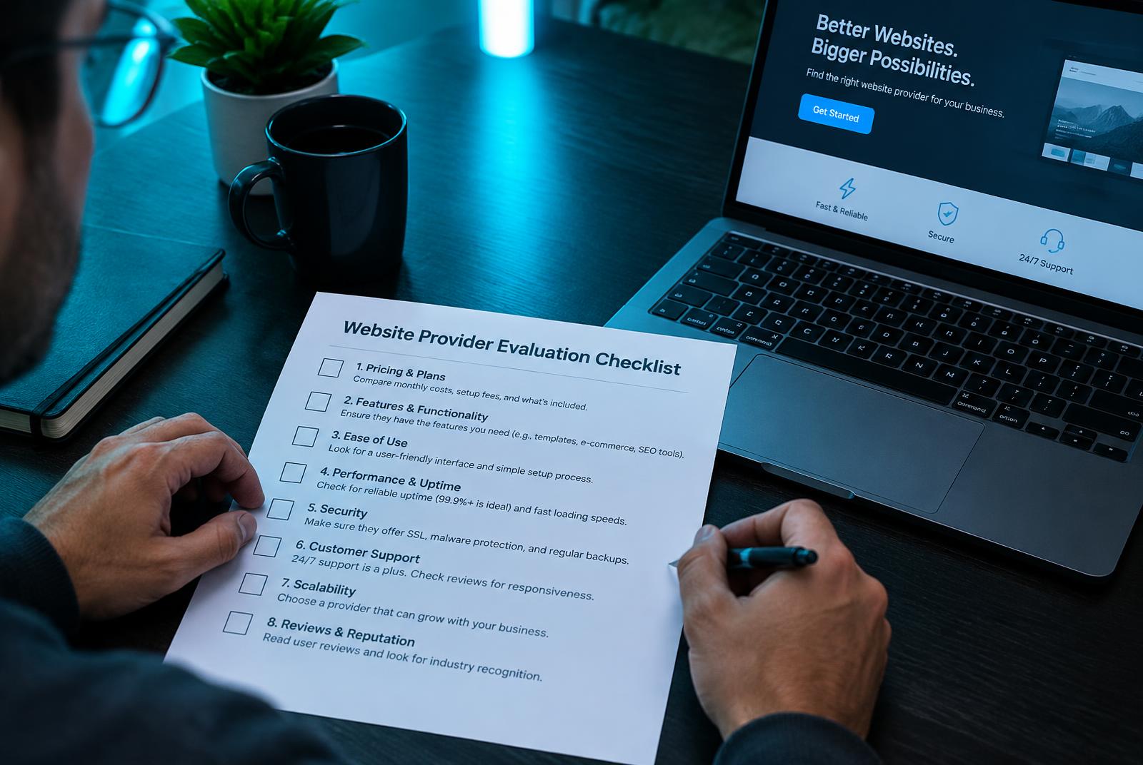 Person working through a printed website provider checklist beside a laptop