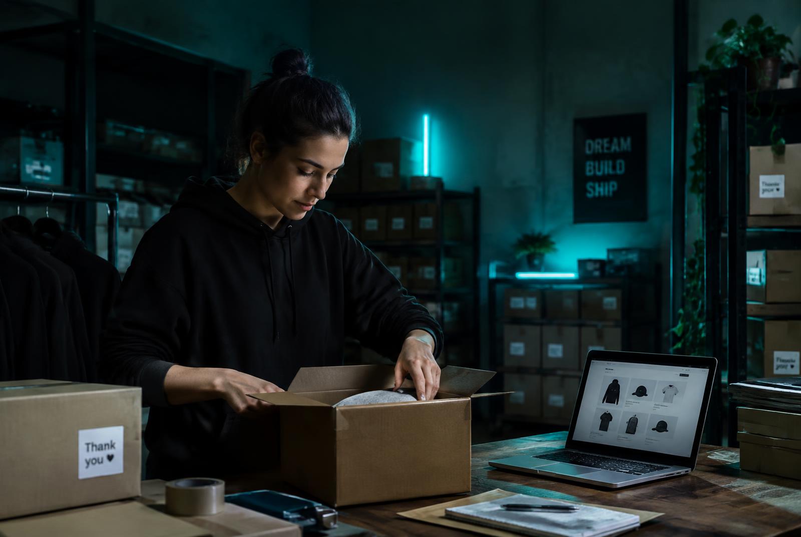 Online store owner packing an order beside a laptop showing a product catalogue